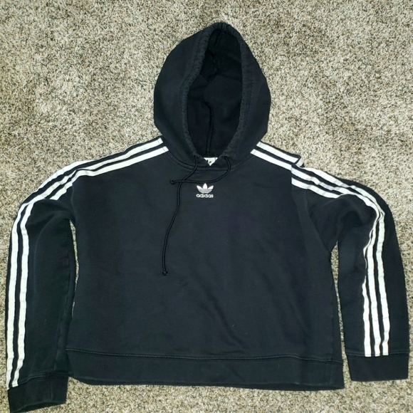 Adidas Classic Cropped Black Hoodie with White Stripes - Picture 1 of 5